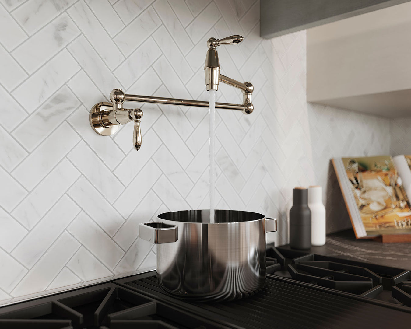 Pfister Port Haven kitchen collection – pull-down faucet, bridge faucet, bar and prep faucet and wall-mount pot filler in industrial-transitional style
