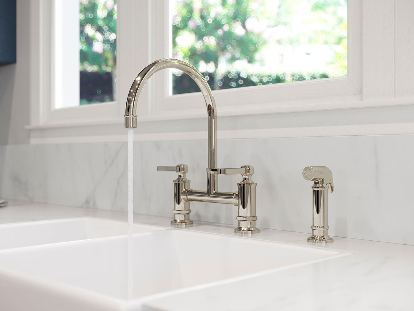 Bridge kitchen faucets collection – Pfister Port Haven 2-handle bridge kitchen faucet in chrome, nickel, stainless, brushed gold and bronze