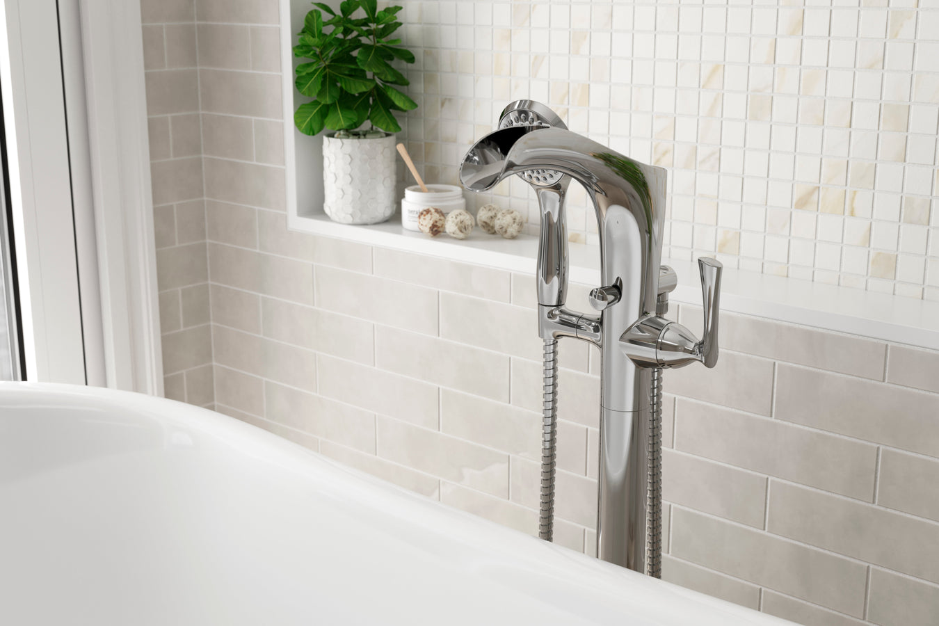 Pfister Rhen bathroom collection – sculptural vanity faucets, widespread faucets, wall-mount faucets and shower trim in chrome, brushed nickel, brushed gold and matte black