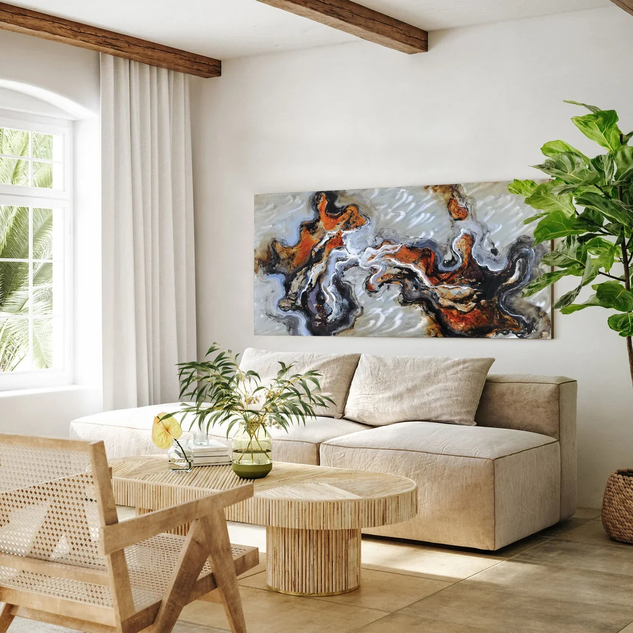 Renwil Blending Waters abstract wall art displayed above a neutral living room sofa
