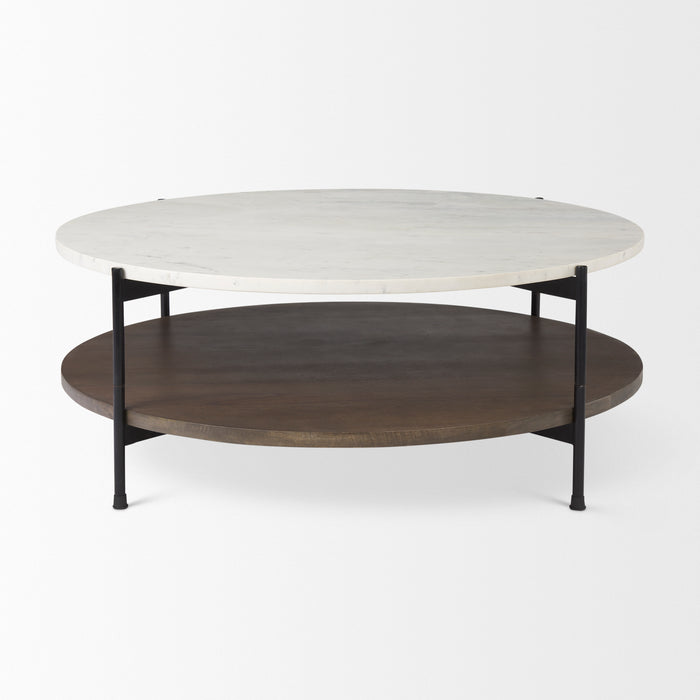 Larkin 42-Inch Round White Marble Coffee Table with Wood Shelf