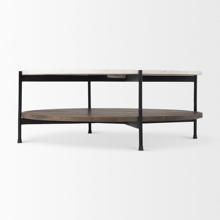 Larkin 42-Inch Round White Marble Coffee Table with Wood Shelf