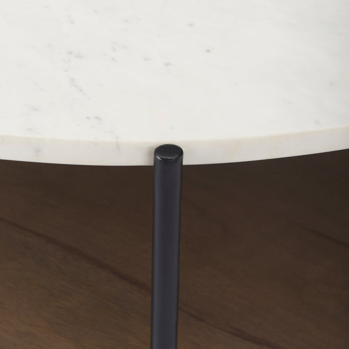 Larkin 42-Inch Round White Marble Coffee Table with Wood Shelf