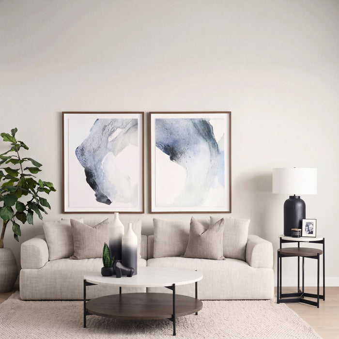 Larkin 42-Inch Round White Marble Coffee Table with Wood Shelf