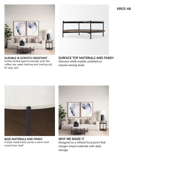 Larkin 42-Inch Round White Marble Coffee Table with Wood Shelf