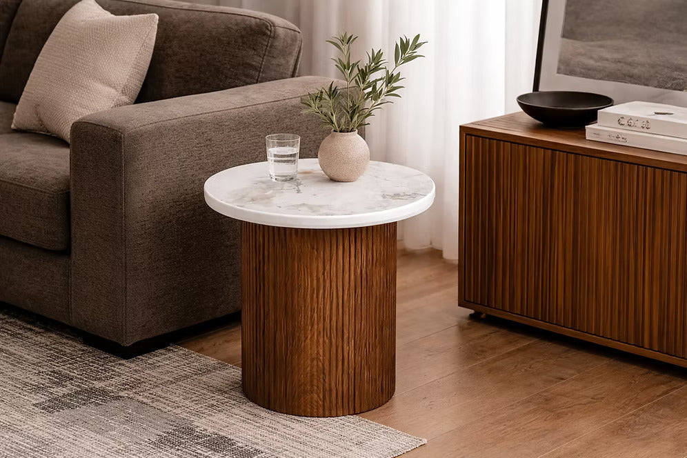 Roman Round Side Table with Walnut Fluted Base