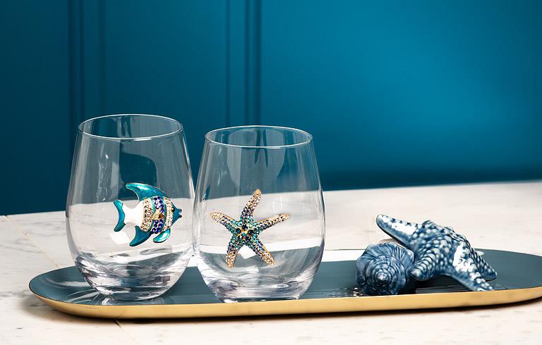 Jewelled Stemless Glass- Fish Design, 16 oz.