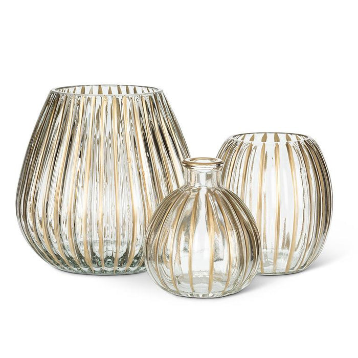 Ribbed Glass Candle Holder with Gold Stripes