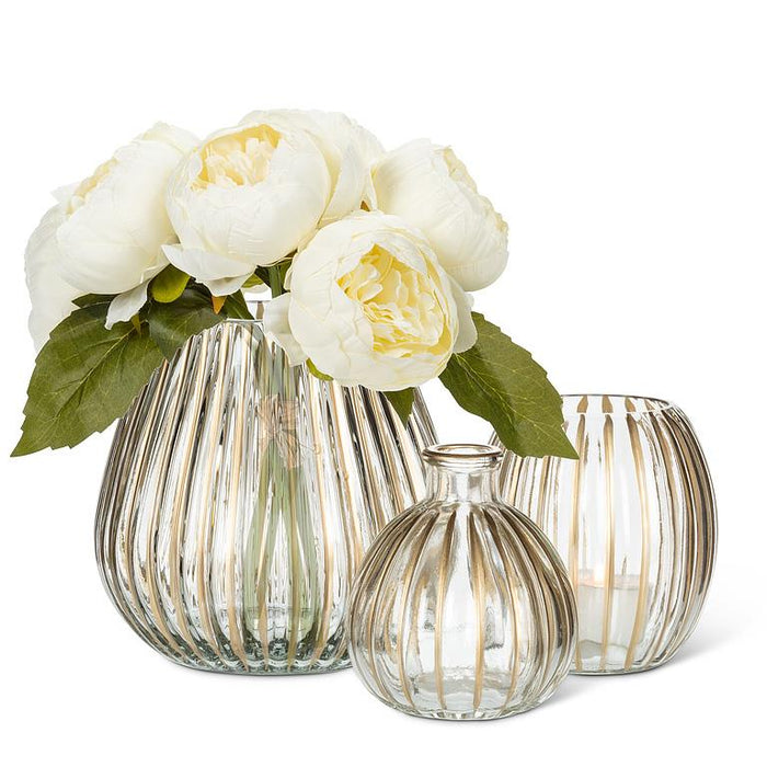 Ribbed Glass Candle Holder with Gold Stripes