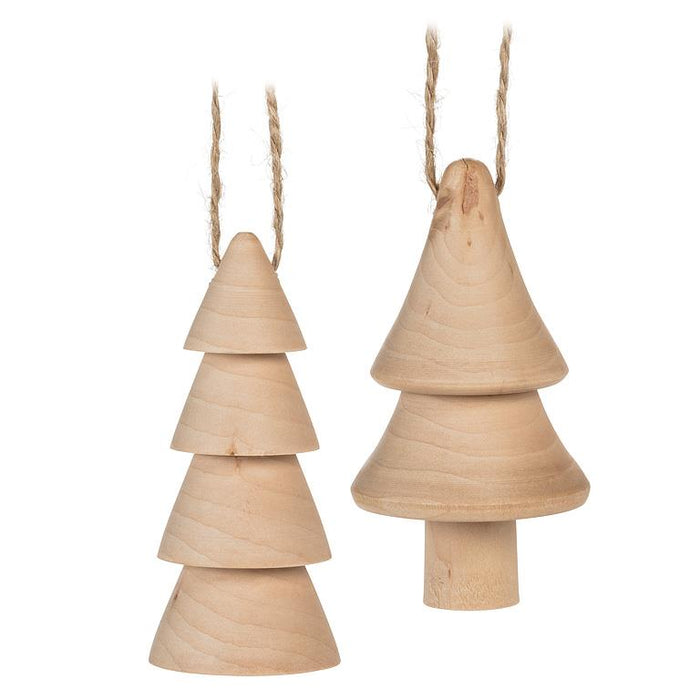 Small Wooden Tree Ornaments, Set of 2