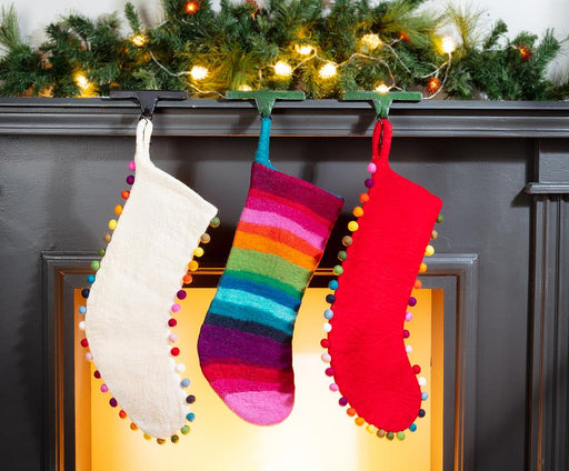 Abbott Collection Festive Pom Pom Christmas Stocking in White - Stocking