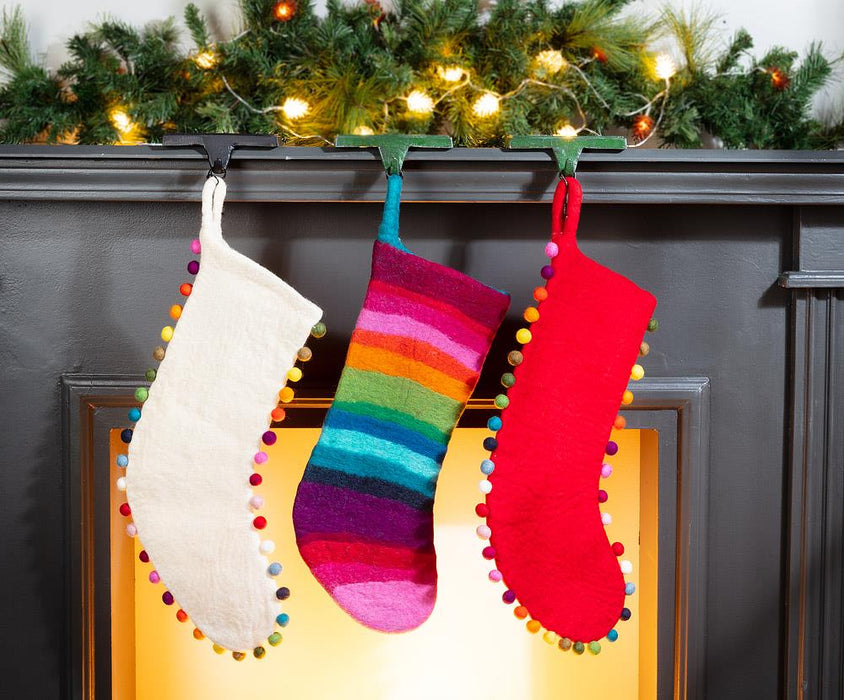 Abbott Collection Festive Pom Pom Christmas Stocking in White - Stocking