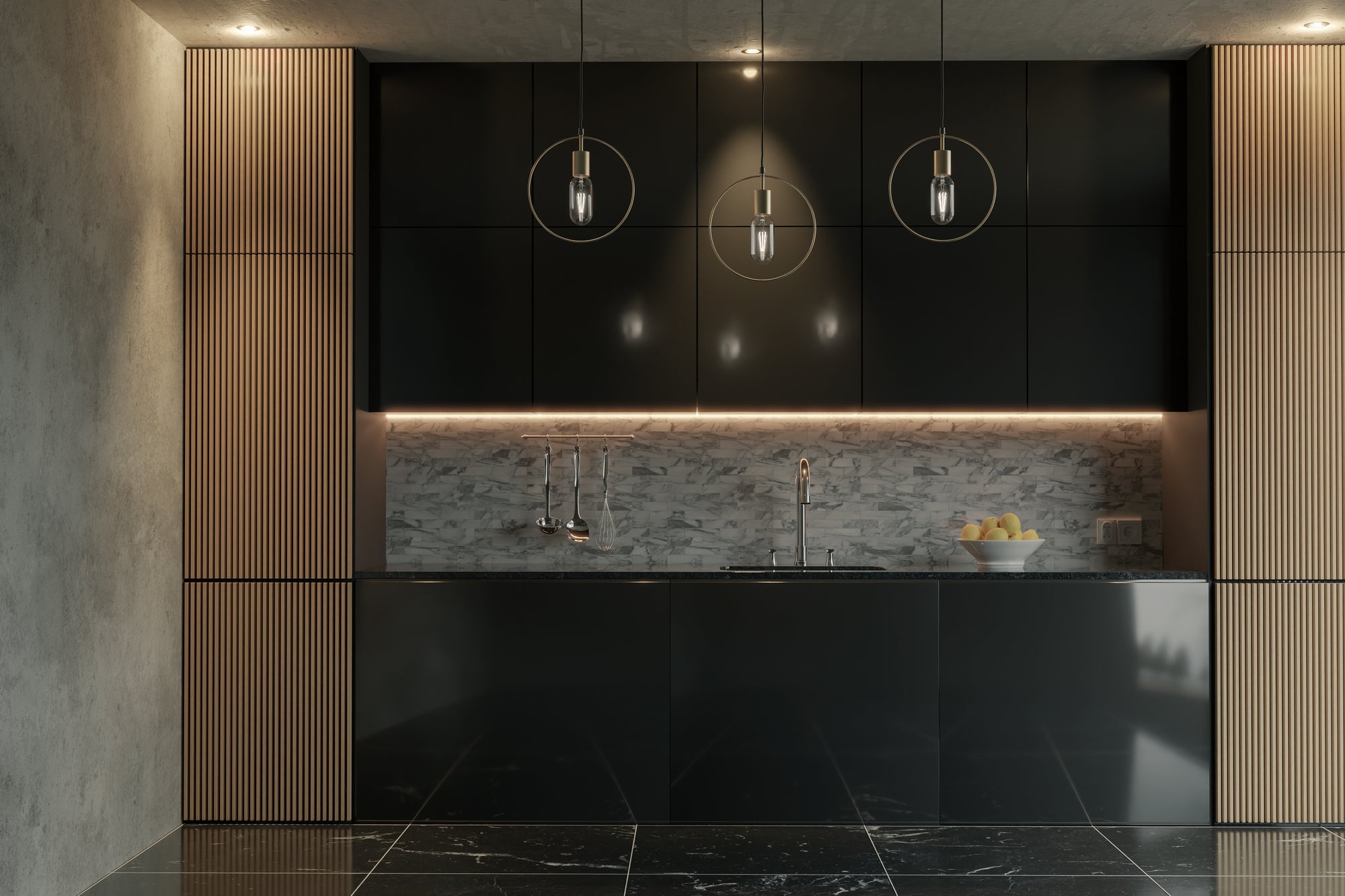 Modern kitchen with black cabinets, marble backsplash, a minimalist faucet, pendant lighting, and wood panel accents.