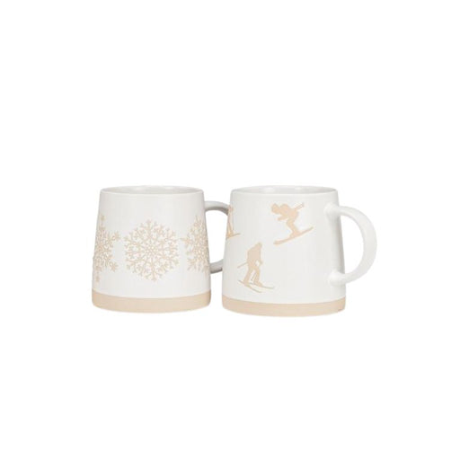 Abbott Collection Wide Base Mugs – Alpine Skiers & Snowflake Designs Set of 2 (14 oz) - Mugs