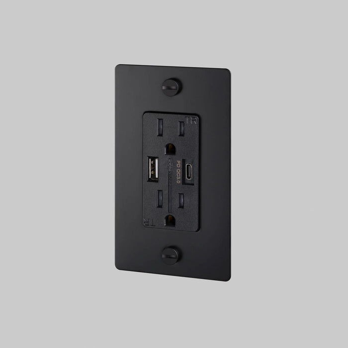 Buster + Punch 1-Gang Duplex Outlet with USB-A & USB-C – Cross - Black / Without Logo - 1G USB A + C Outlets