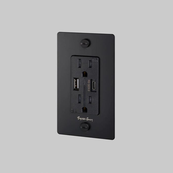 Buster + Punch 1-Gang Duplex Outlet with USB-A & USB-C – Cross - Black / With Logo - 1G USB A + C Outlets