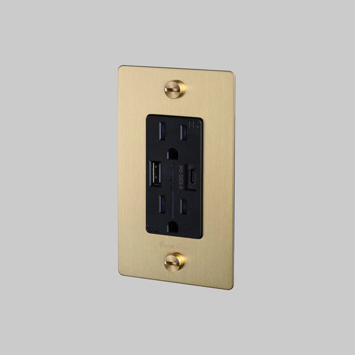 Buster + Punch 1-Gang Duplex Outlet with USB-A & USB-C – Cross - Brass / With Logo - 1G USB A + C Outlets