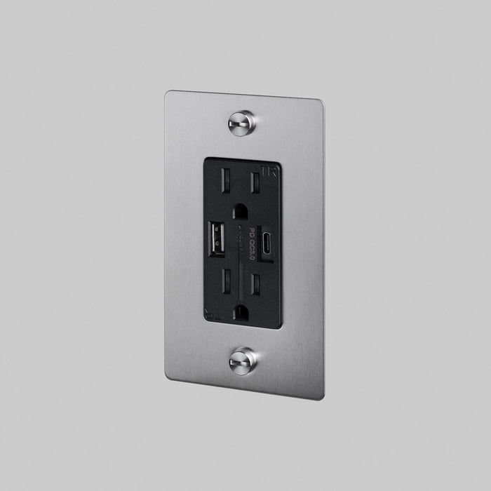 Buster + Punch 1-Gang Duplex Outlet with USB-A & USB-C – Cross - Steel / Without Logo - 1G USB A + C Outlets