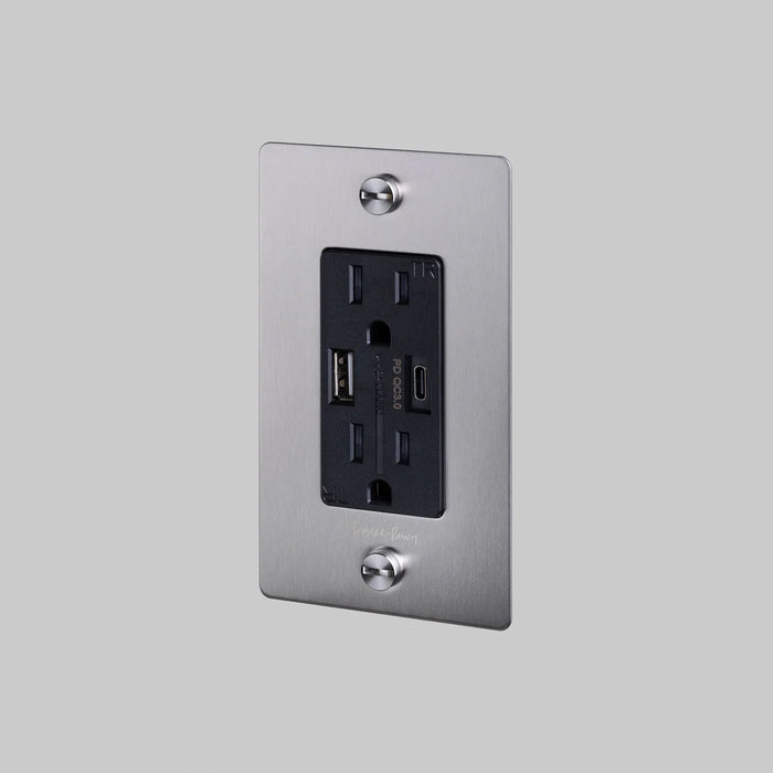 Buster + Punch 1-Gang Duplex Outlet with USB-A & USB-C – Cross - Steel / With Logo - 1G USB A + C Outlets