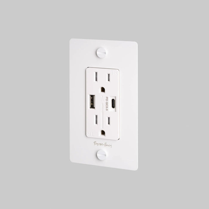 Buster + Punch 1-Gang Duplex Outlet with USB-A & USB-C – Cross - White / With Logo - 1G USB A + C Outlets