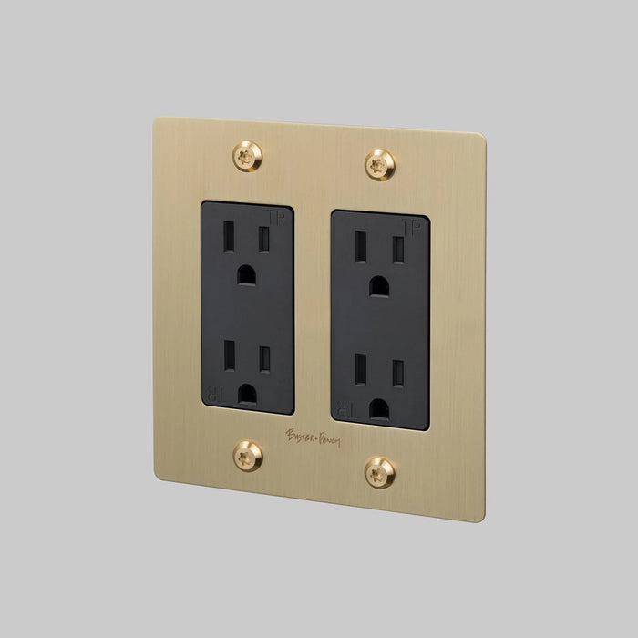 Buster + Punch 2-Gang Duplex Outlet – Linear - Brass / With Logo - 2G Duplex Outlets