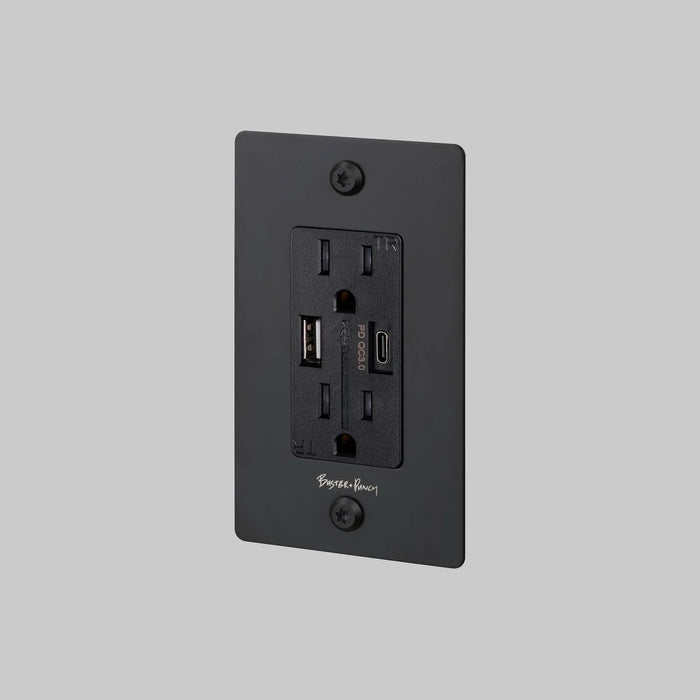 Buster + Punch 1-Gang Duplex Outlet with USB-A & USB-C – Linear - Black / With Logo - 1G USB A + C Outlets