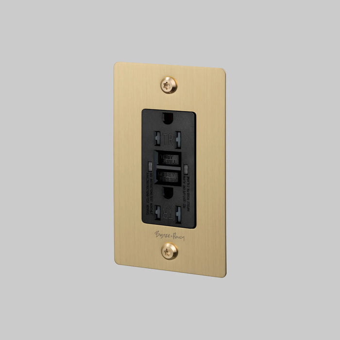 Buster + Punch 1-Gang Duplex GFCI Outlet – Linear - Brass / With Logo - 1G GFCI