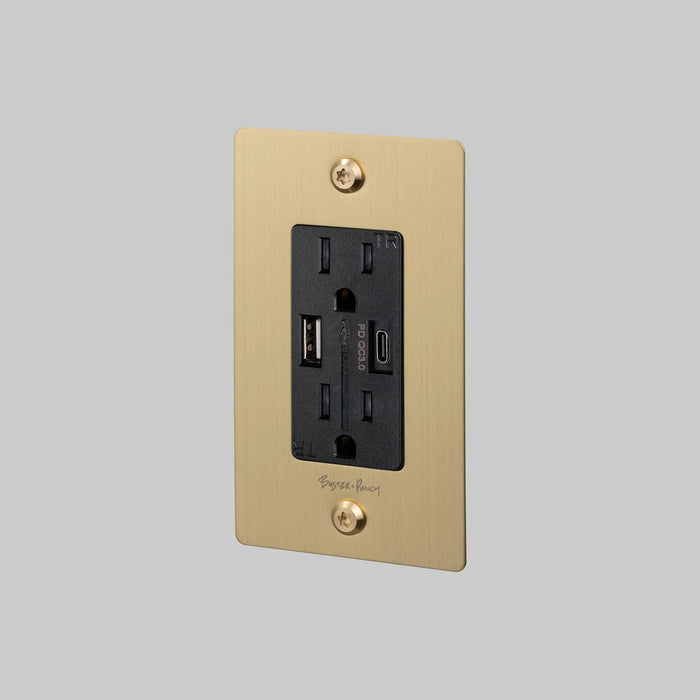 Buster + Punch 1-Gang Duplex Outlet with USB-A & USB-C – Linear - Brass / With Logo - 1G USB A + C Outlets