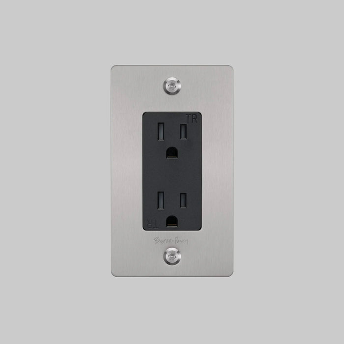 Buster + Punch 1-Gang Duplex Outlet – Linear - Steel / With Logo - 1G Duplex Outlets