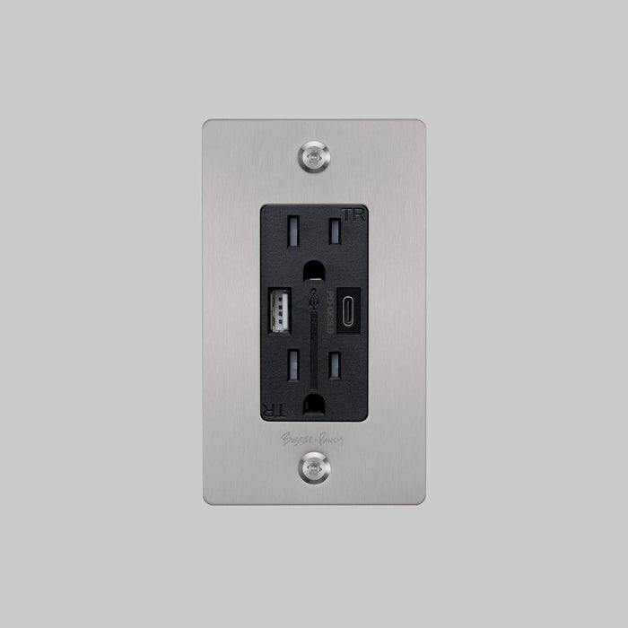 Buster + Punch 1-Gang Duplex Outlet with USB-A & USB-C – Linear - Steel / With Logo - 1G USB A + C Outlets