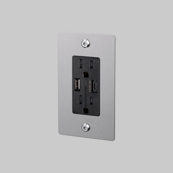 Buster + Punch 1-Gang Duplex Outlet with USB-A & USB-C – Linear - Steel / Without Logo - 1G USB A + C Outlets