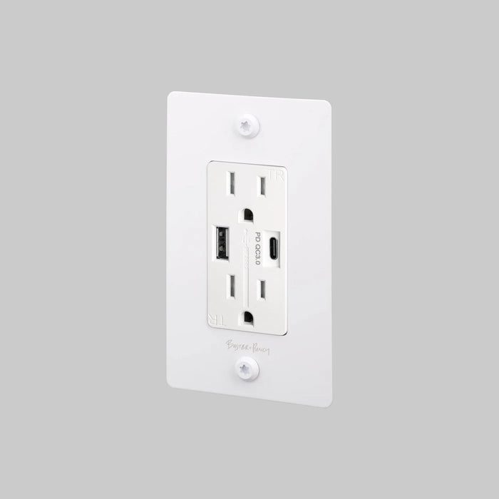 Buster + Punch 1-Gang Duplex Outlet with USB-A & USB-C – Linear - White / With Logo - 1G USB A + C Outlets