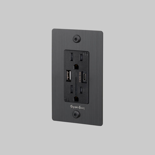 Buster + Punch 1-Gang Duplex Outlet with USB-A & USB-C – Linear - Smoked Bronze / With Logo - 1G USB A + C Outlets