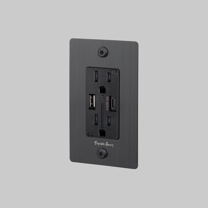 Buster + Punch 1-Gang Duplex Outlet with USB-A & USB-C – Linear - Smoked Bronze / With Logo - 1G USB A + C Outlets