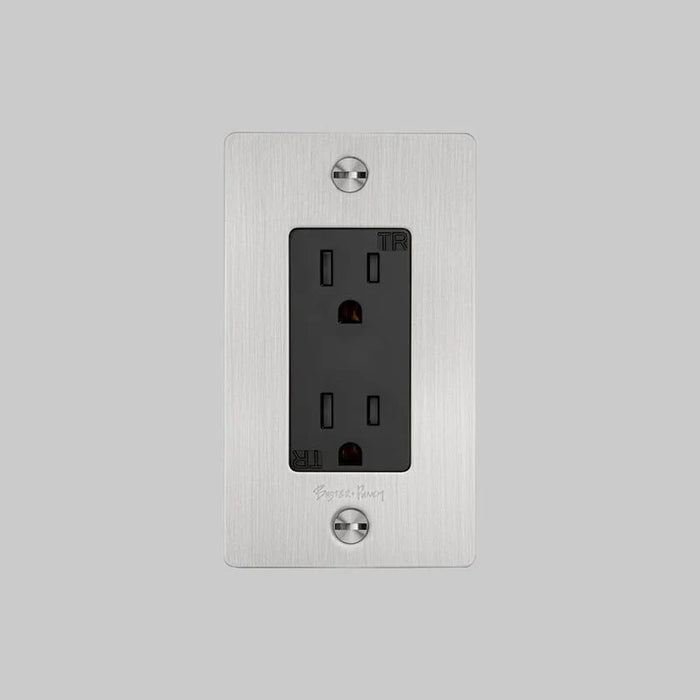 Buster + Punch 1-Gang Duplex Outlet – Cross - Steel / With Logo - 1G Duplex Outlets