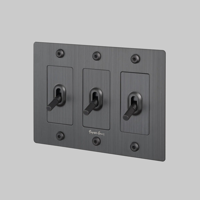 Buster + Punch 3-Gang Toggle Switch – Linear - Smoked Bronze / With Logo - 3G Toggle