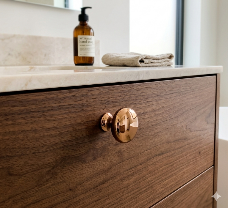 CBH 502 Classic Dome Cabinet Knob in bright bronze finish installed on a wood drawer