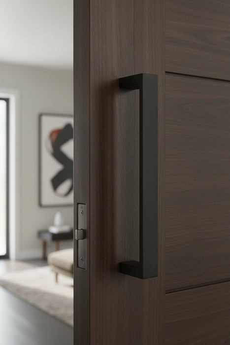 Close-up of a dark wooden door with a CBH handle in a modern interior setting.