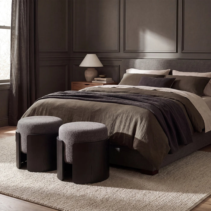 Renwil Capsula Black Wood and Charcoal Linen Ottoman