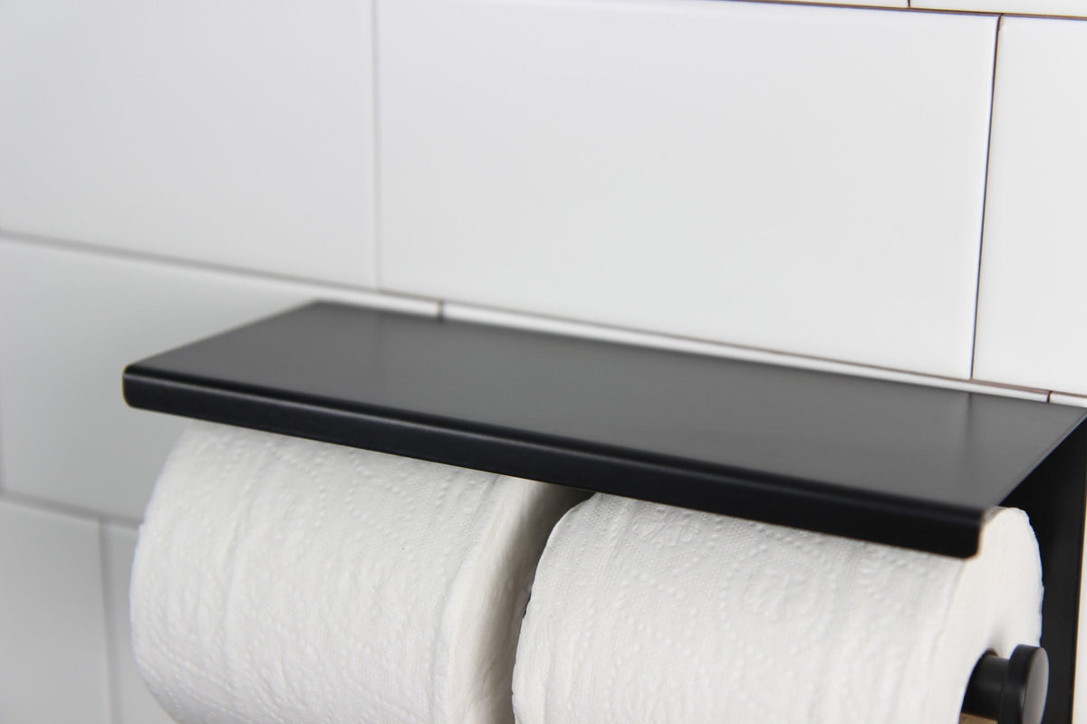 Frost 1131 Surface Mounted Double Toilet Paper Holder with Shelf, Matte Black