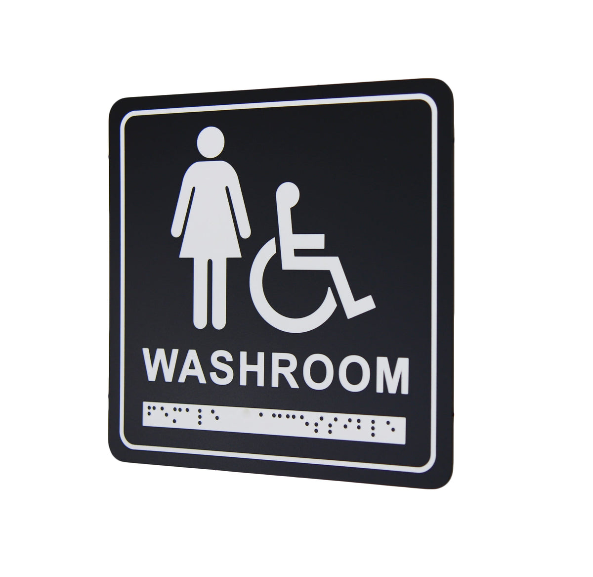 Frost 963 Washroom Signage- Female/Wheelchair with Braille Emboss, Black