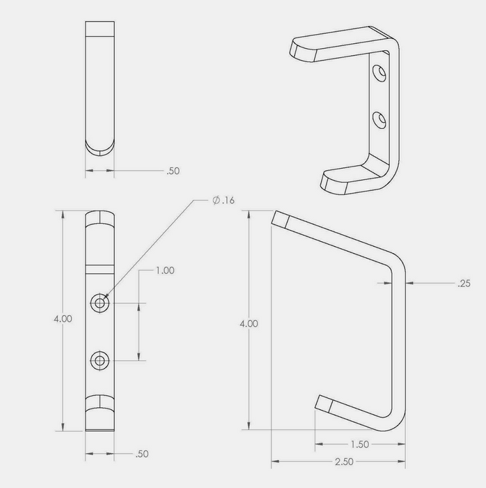 Technical line drawing showing multiple orthographic views of a coat hook with dimensions.