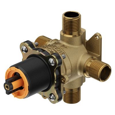 Pfister X8 Valve 0X8-310A series tub and shower rough-in valve, front view showcasing its durable brass construction and inlet/outlet connections for easy installation.