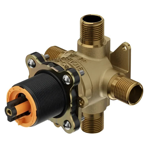 Pfister X8 Valve 0X8-310A series tub and shower rough-in valve, front view showcasing its durable brass construction and inlet/outlet connections for easy installation.