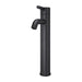 Pfister Contempra single-control vessel bathroom faucet in matte black, front view showcasing its bold, minimalist design and sleek cylindrical handle.