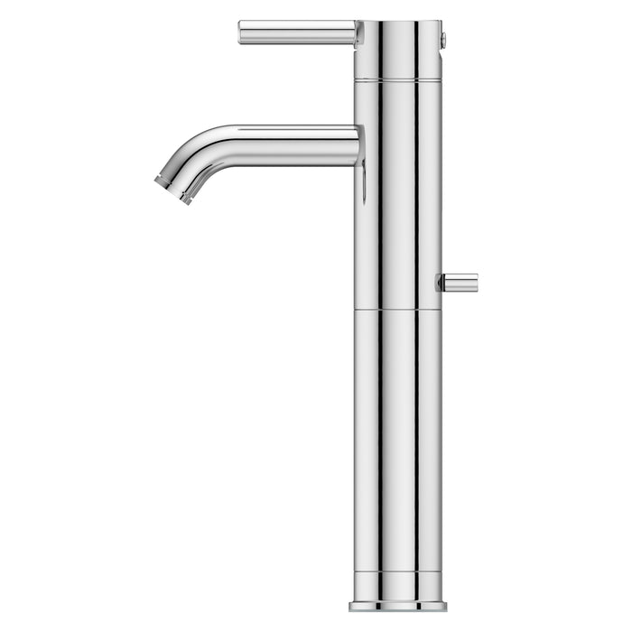 Pfister Contempra single-control vessel bathroom faucet in polished chrome, side view showcasing the high arc spout and slim lever handle.