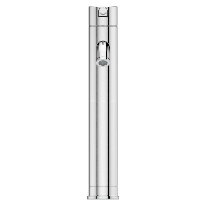 Pfister Contempra single-control vessel bathroom faucet in polished chrome, front view highlighting its tall, minimalist spout and sleek cylindrical handle.