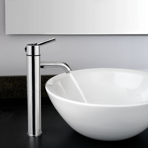 Pfister Contempra single-control vessel bathroom faucet in polished chrome, installed next to a white basin, with water flowing smoothly from the spout.