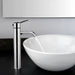 Pfister Contempra single-control vessel bathroom faucet in polished chrome, installed next to a white basin, with water flowing smoothly from the spout.