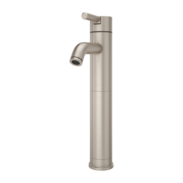 Pfister Contempra single-control vessel bathroom faucet in brushed nickel, front angled view highlighting its soft metallic finish, tall spout, and minimalist handle.